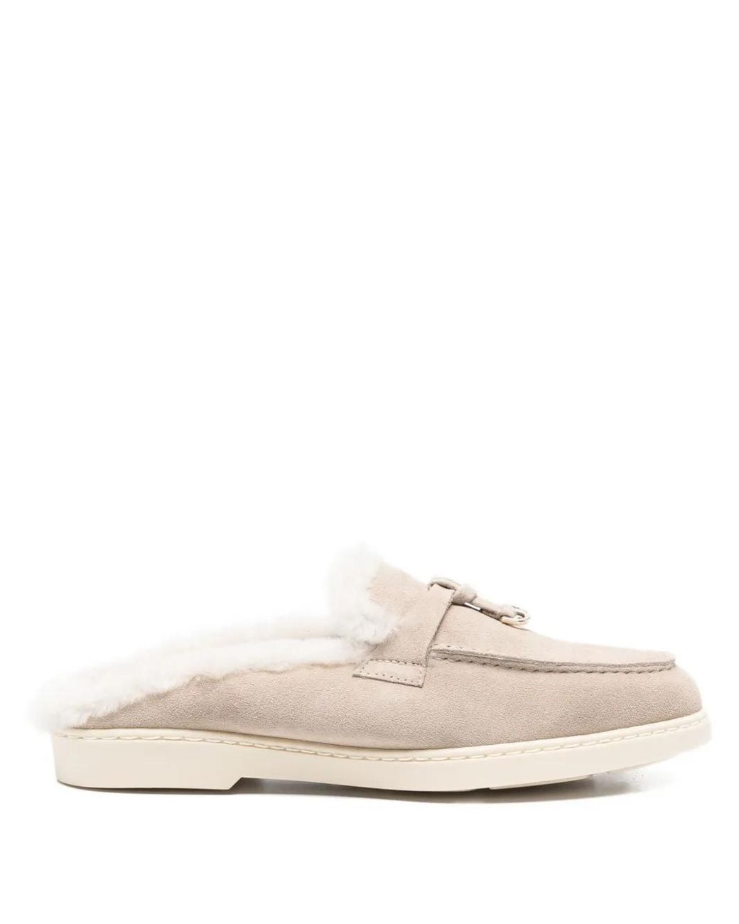 Doucal's White Fur-Trim Suede Mules