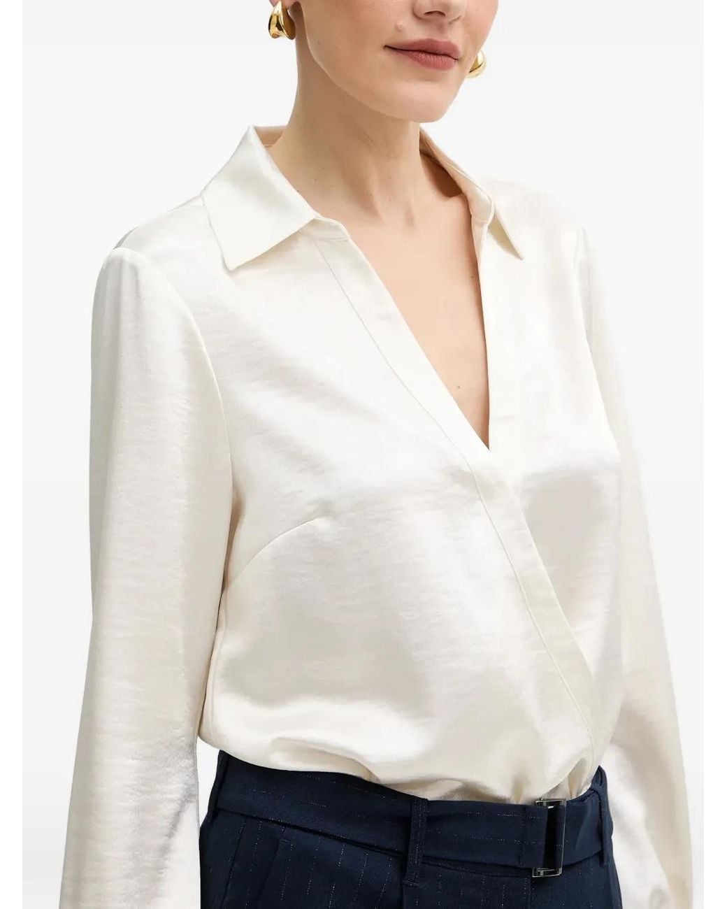 Guess White Collared Wrap Blouse