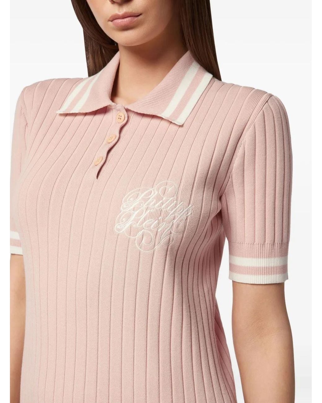 Philipp Plein Pink Ribbed-Knit Polo Dress