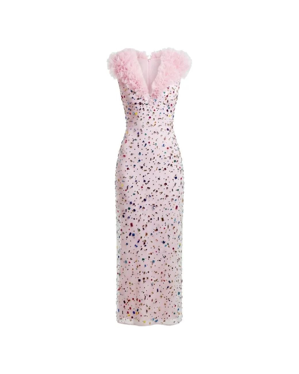 Gemy Maalouf Pink Beaded Ruffled Midi Dress