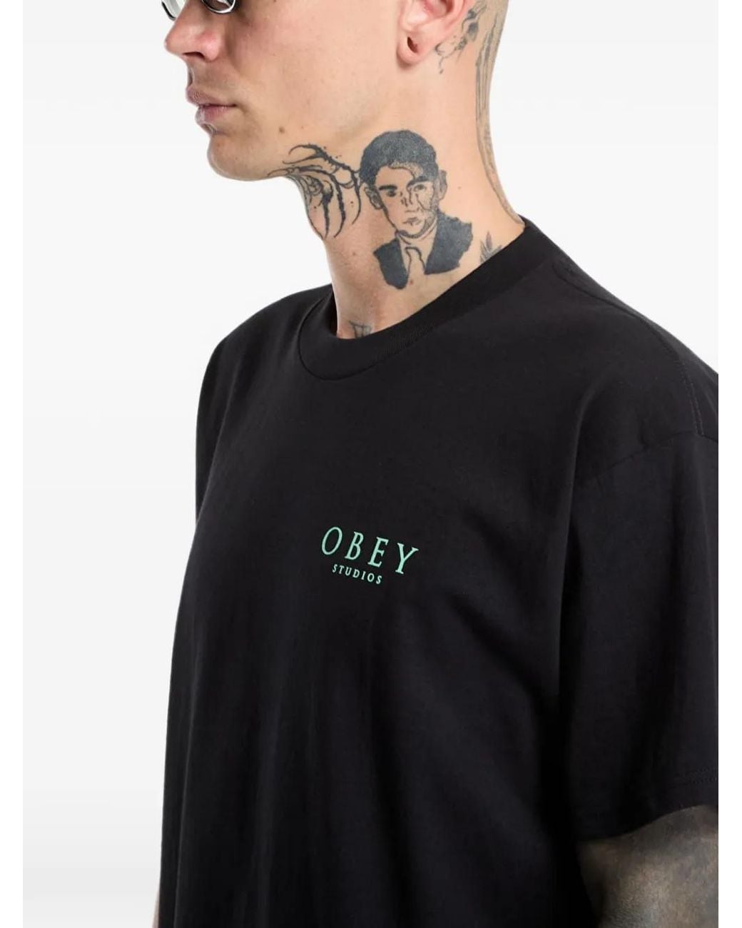 Obey Black Logo-Print Floral-Print T-Shirt for men