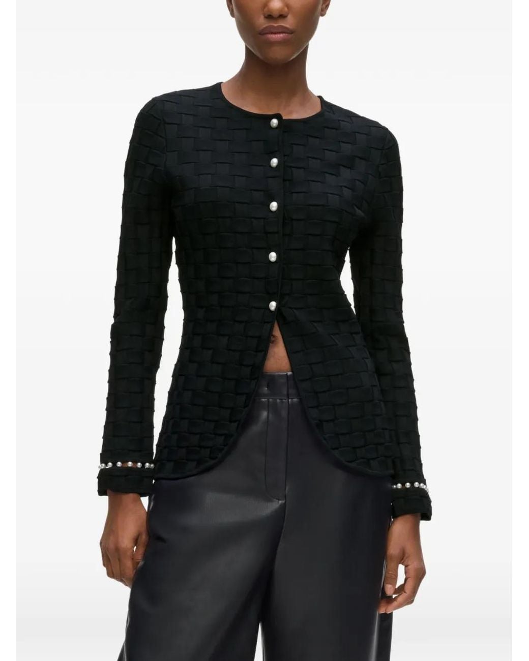 Karl Lagerfeld Black Pearl-Embellished Basket-Weave Cardigan