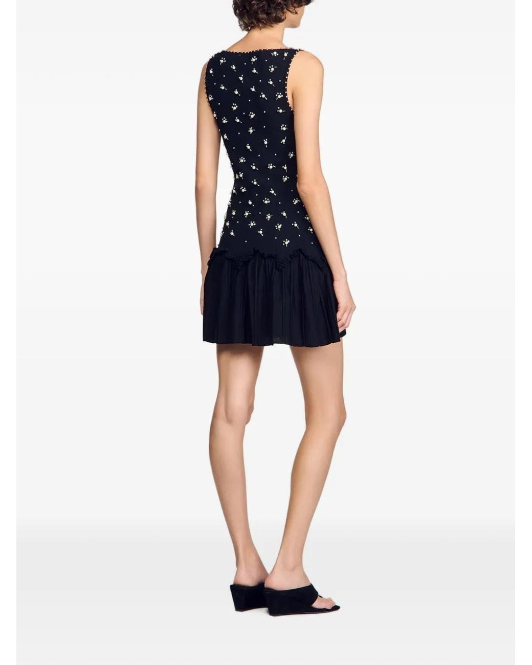 Sandro Black Pearl-Embellished Ruffled Mini Dress