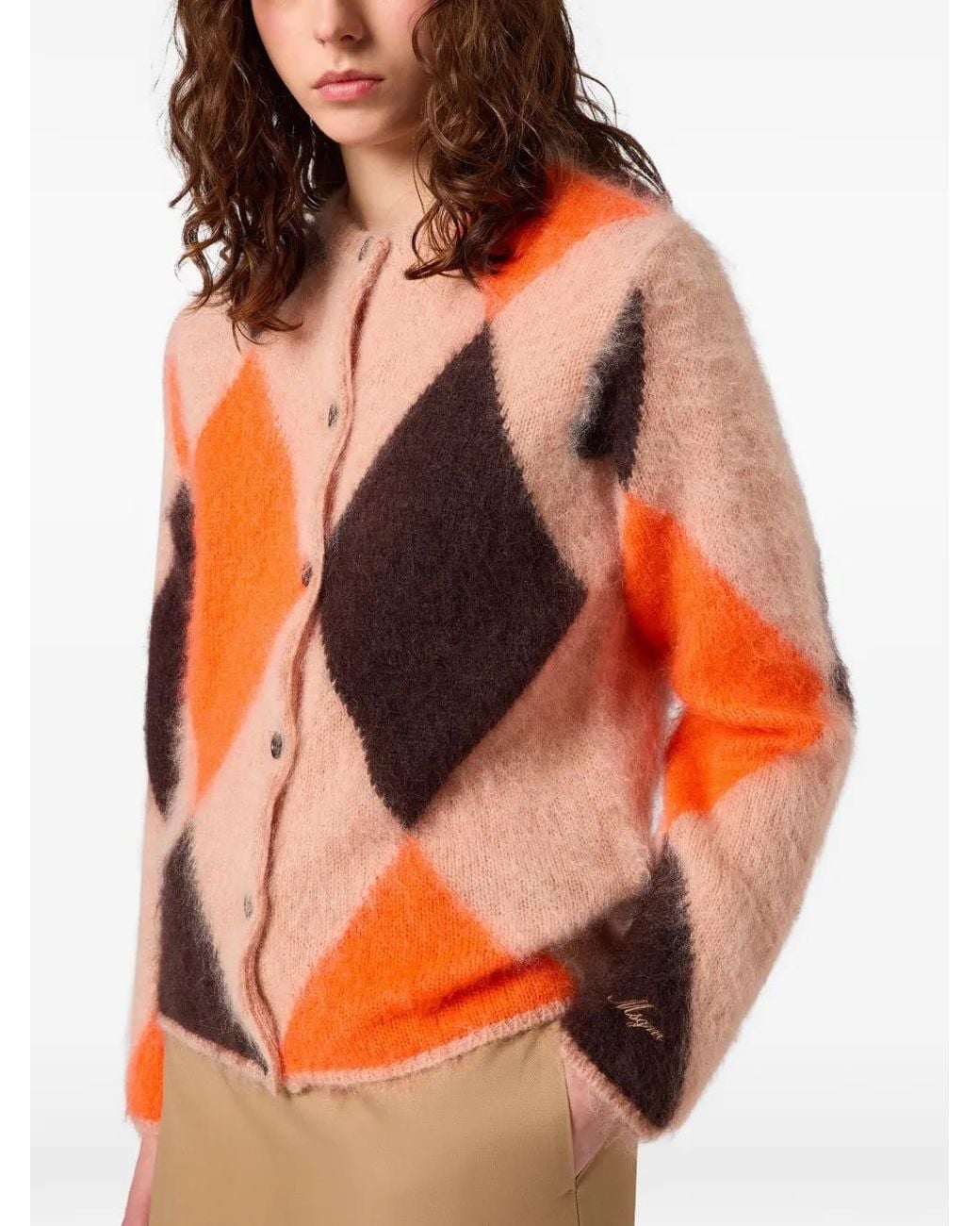 MSGM Orange Argyle-Pattern Button-Up Cardigan