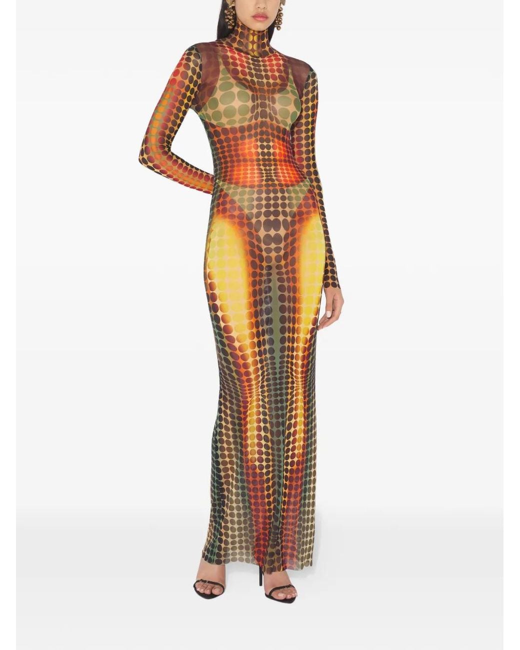 Jean Paul Gaultier Brown Form-Fitting Maxi Dress With Optical Dot Pattern