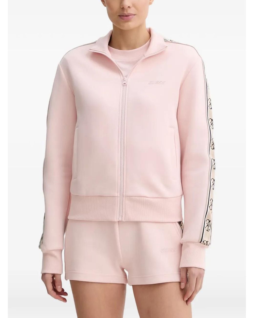 Guess Pink Logo-Tape Zip-Up Sweatshirt