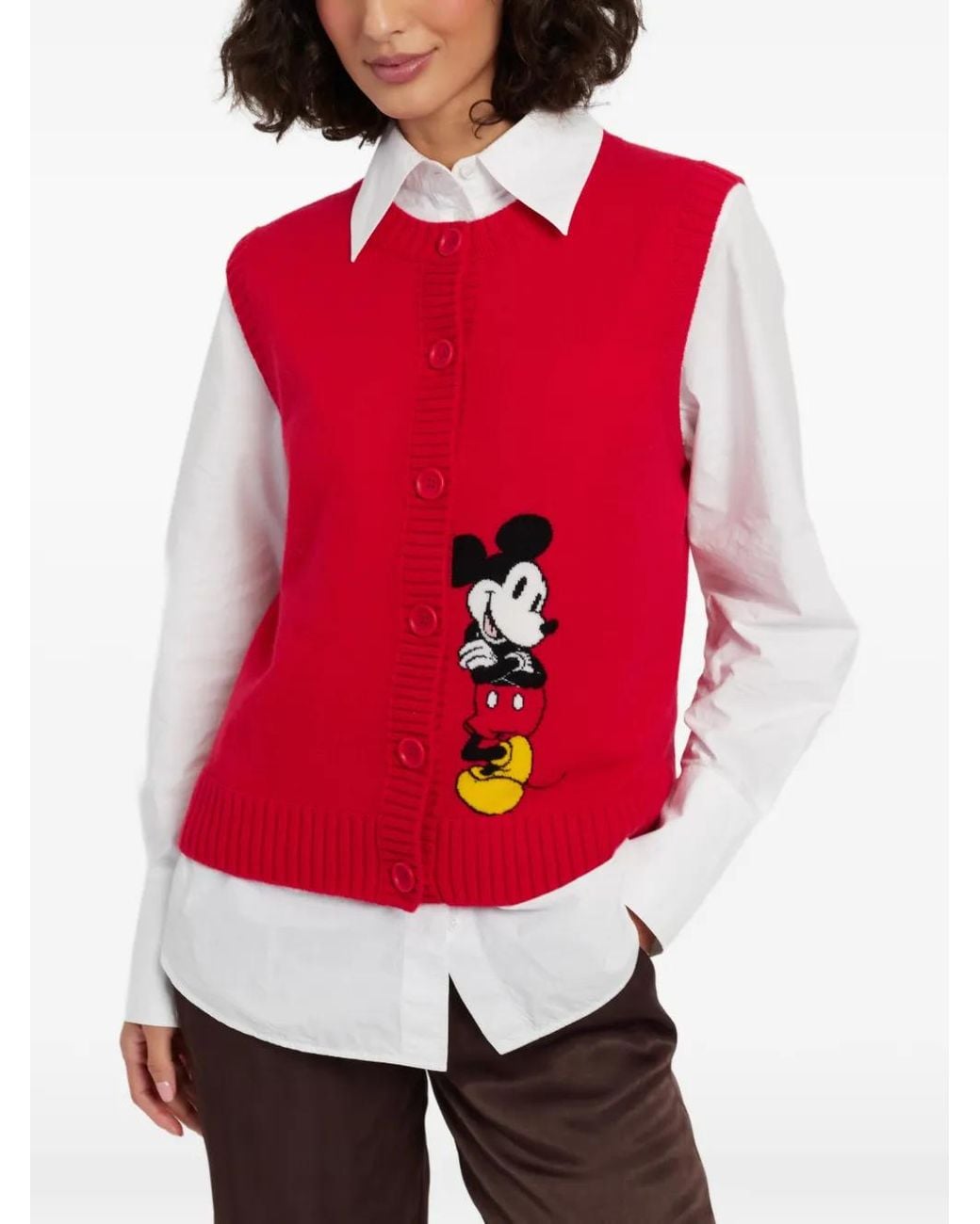 Chinti & Parker Red Mickey Mouse Intarsia-Knit Sleeveless Cardigan