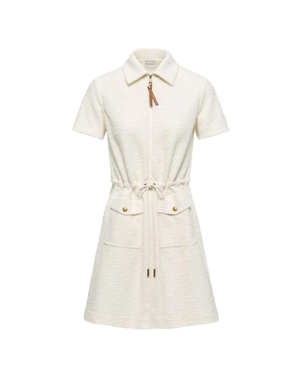 Moncler White Robe Courte En Bouclé À Lien De Resserrage À La Taille