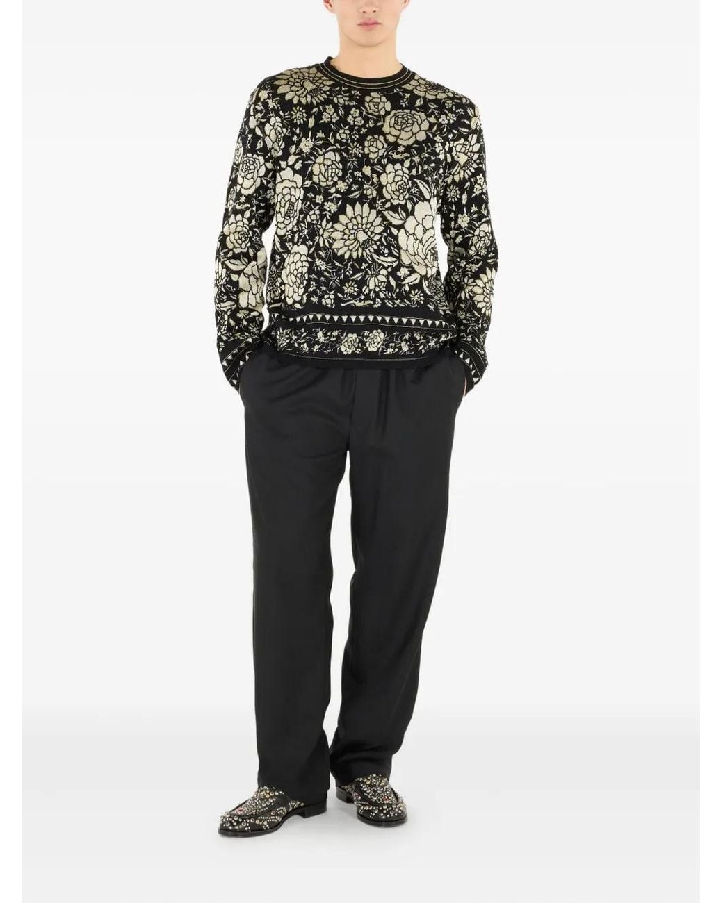 Roberto Cavalli Black Floral-Pattern Wool Sweater for men