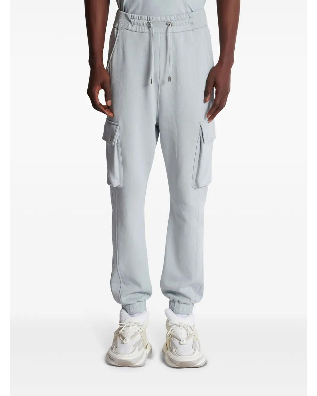 Balmain Gray Logo-Print Cotton Cargo Track Pants for men