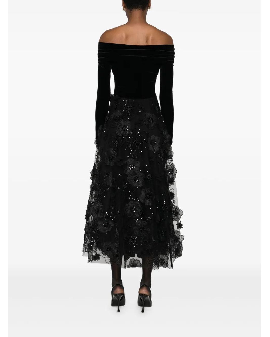 Nissa Black 3D Floral Applique Tulle Midi Dress