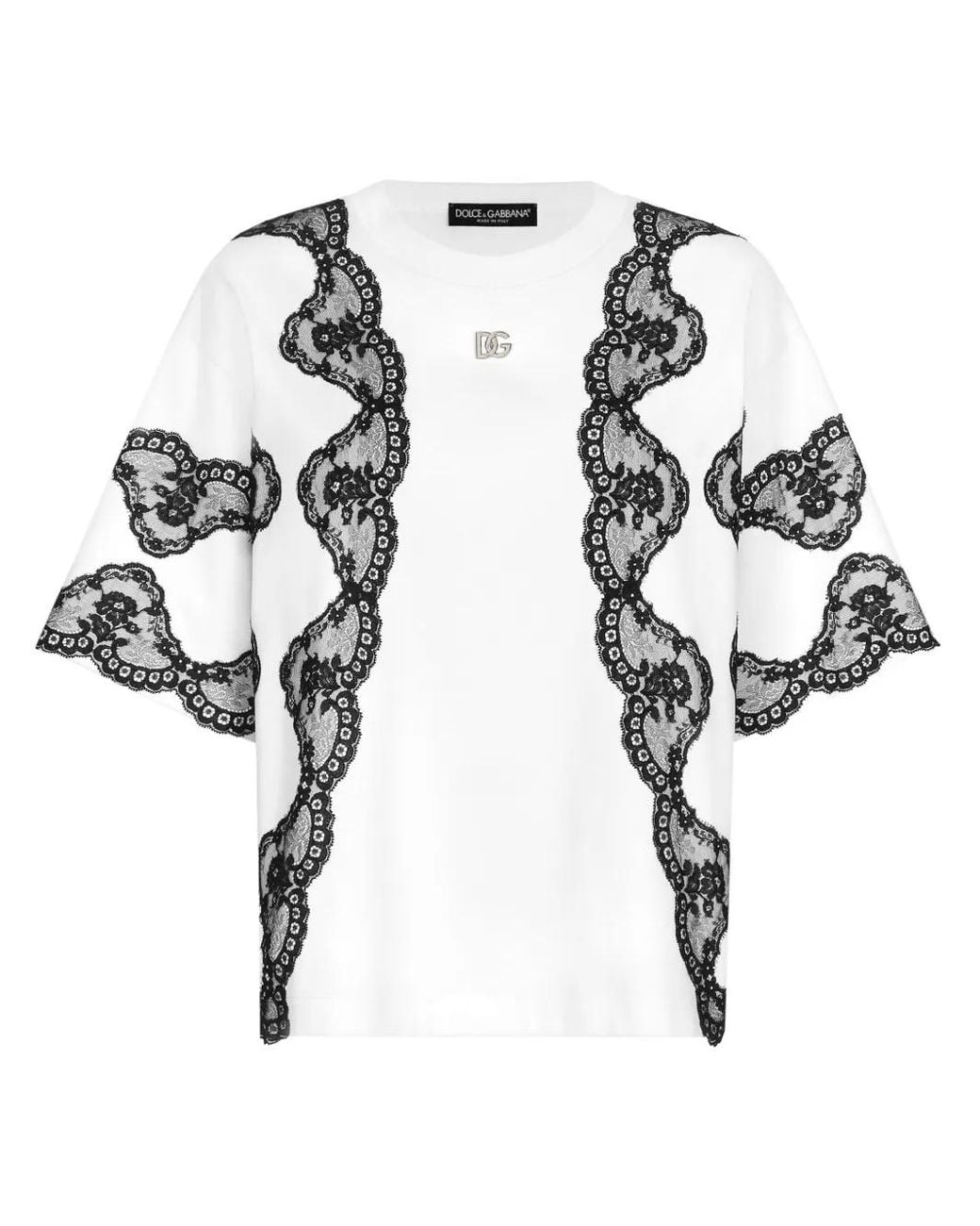 Dolce & Gabbana White Jersey T-Shirt With Dg Logo And Lace Inserts