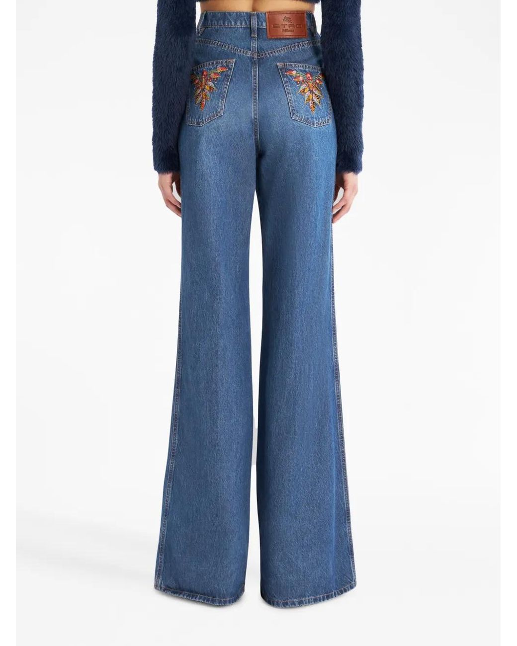 Etro Blue Floral-embroidered Flared Jeans