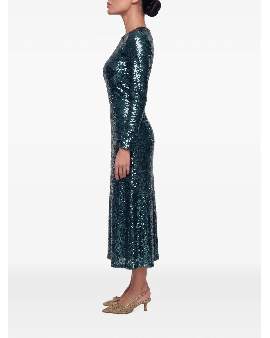 POST MERIDIEM Blue Sequin-Embellished Long-Sleeve Midi Dress