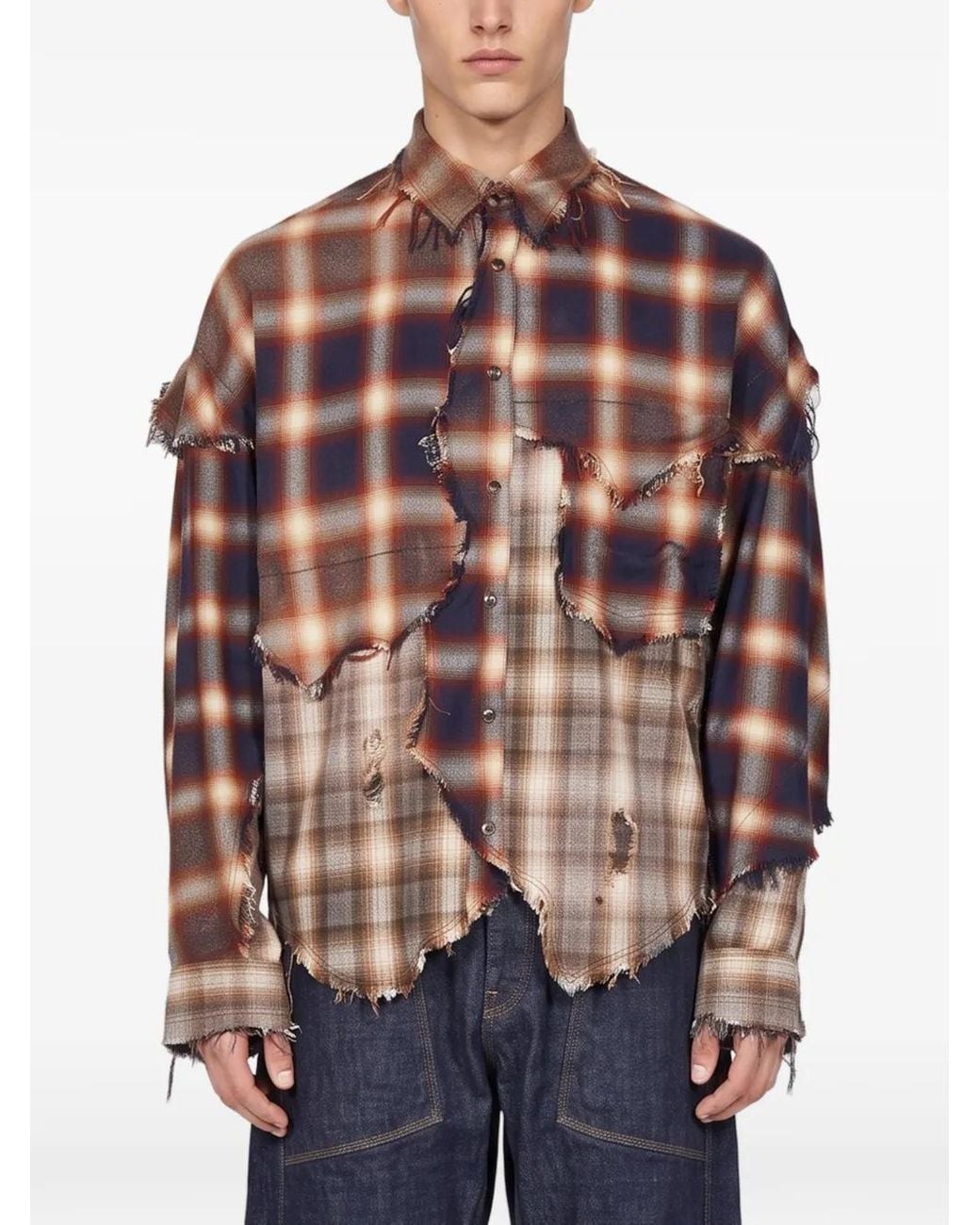 KHOKI Brown Patchwork Frayed Shirt for men