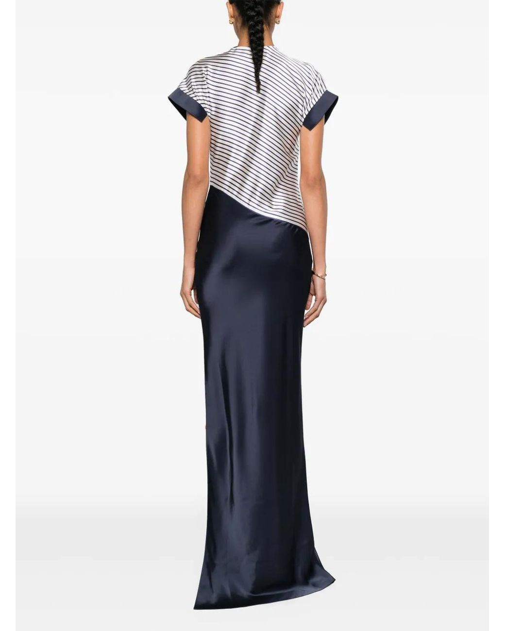 V:PM ATELIER Blue Striped Satin Maxi Dress