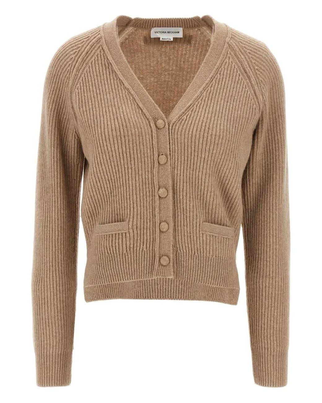 Victoria Beckham Natural Stepped-Hem Ribbed Cardigan