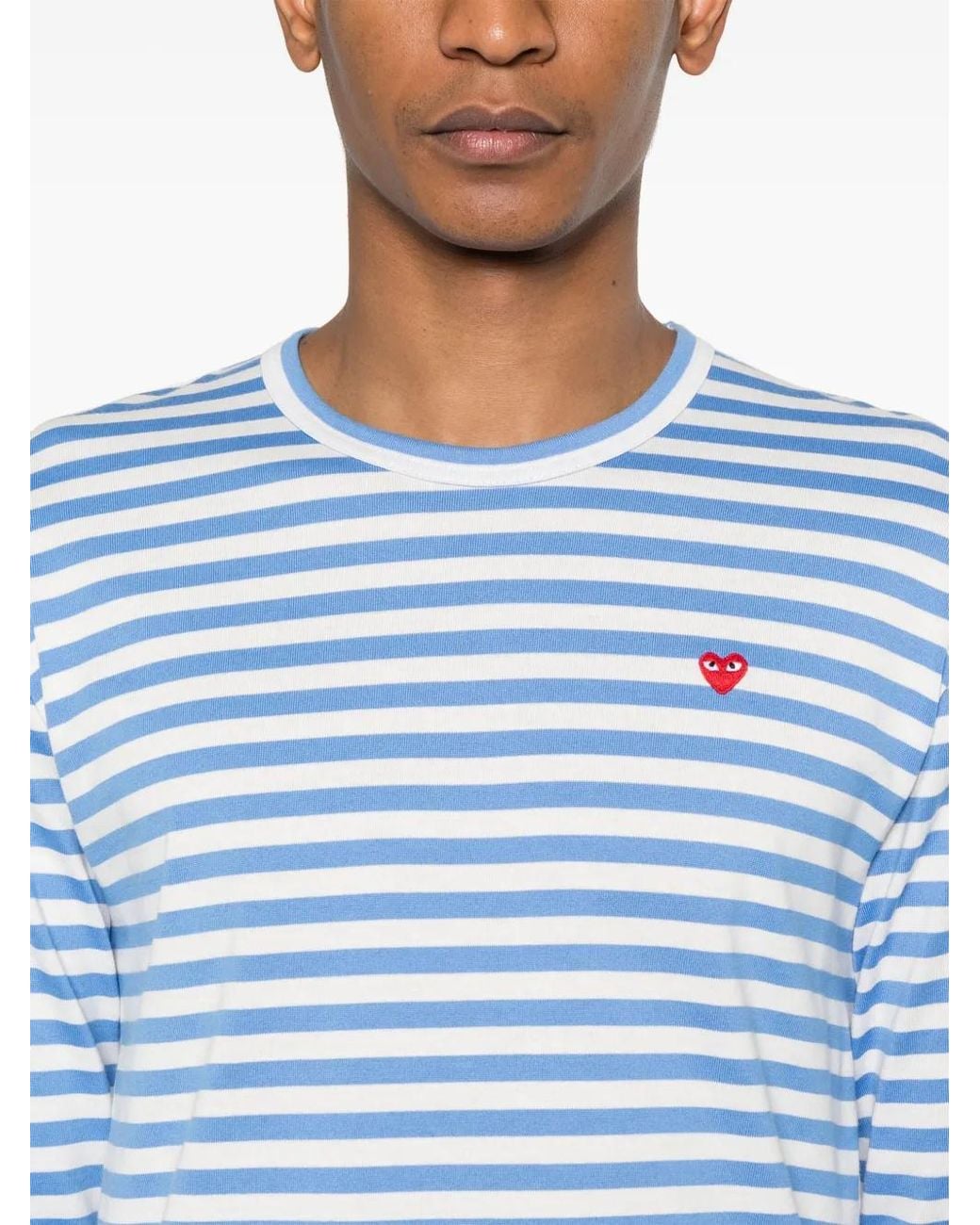 COMME DES GARÇONS PLAY Blue Striped Cotton Logo Appliqué T-Shirt