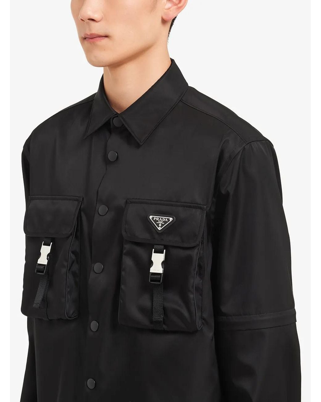 Camicia nera in re-nylon con logo di Prada in Black da Uomo