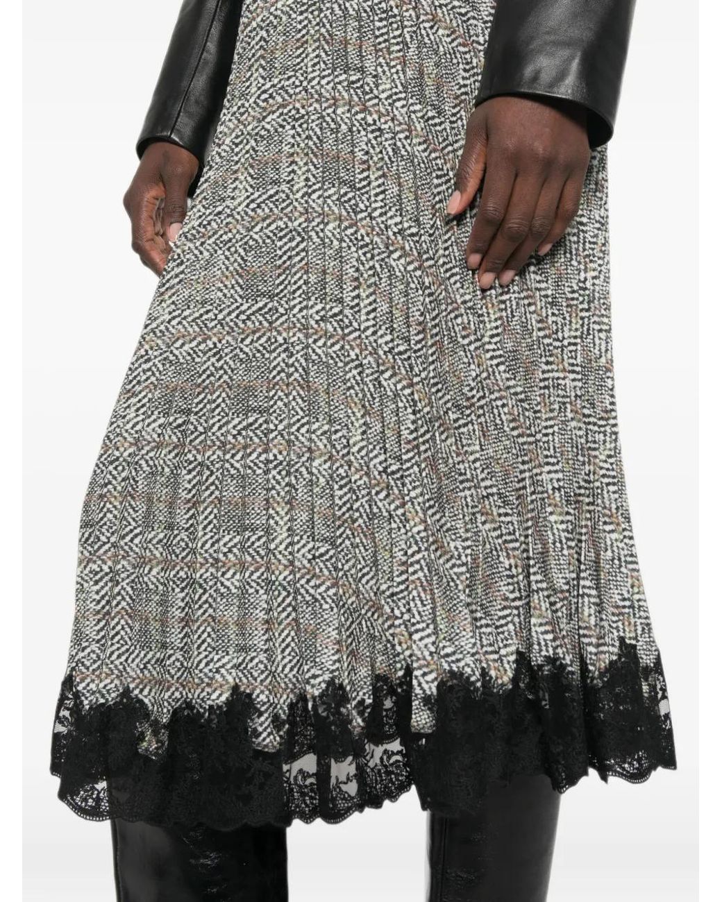 Ermanno Scervino Gray Pleated Lace-Trim Midi Skirt