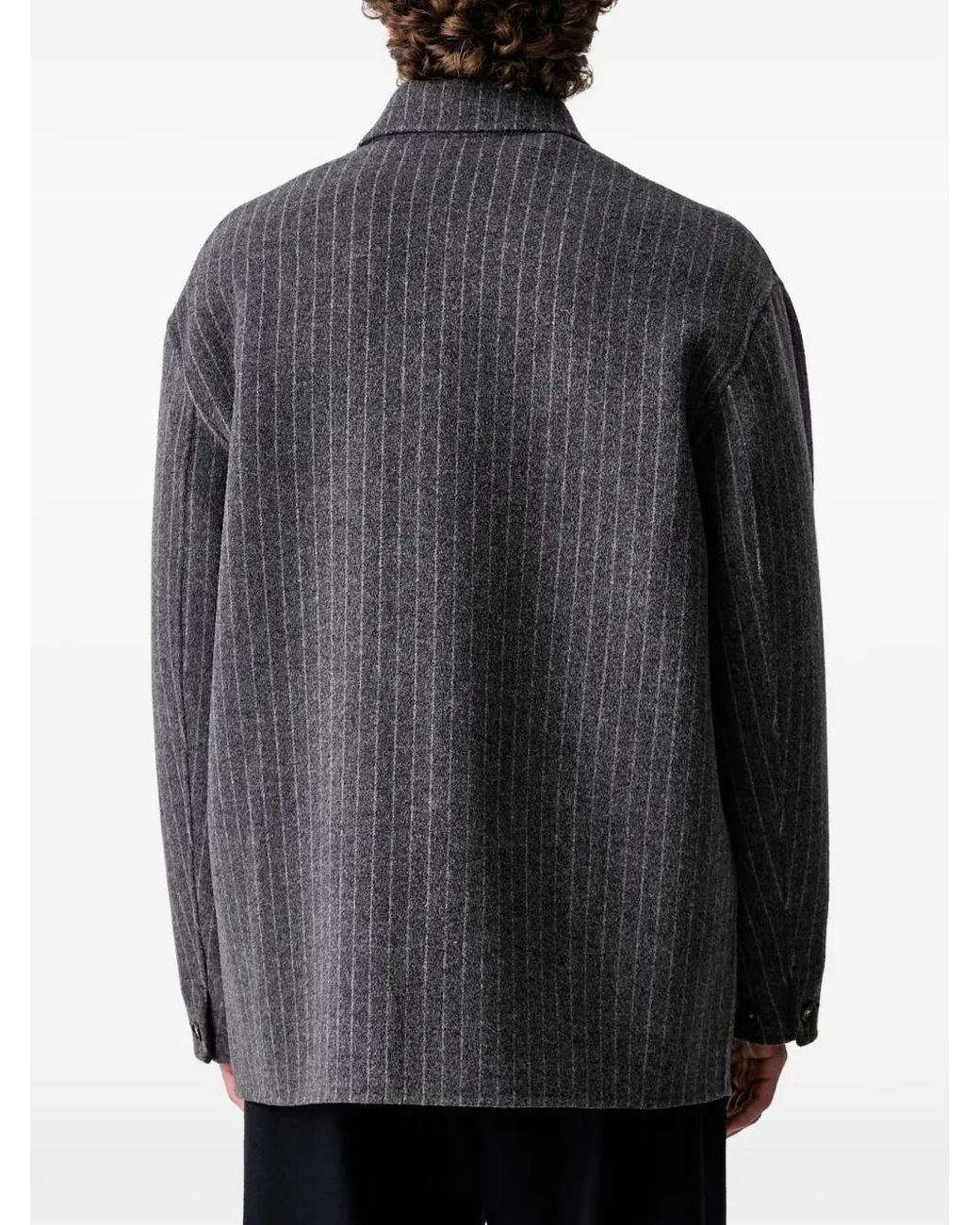 Drole de Monsieur Gray Pinstripe-Pattern Logo-Embroidered Shirt Jacket for men