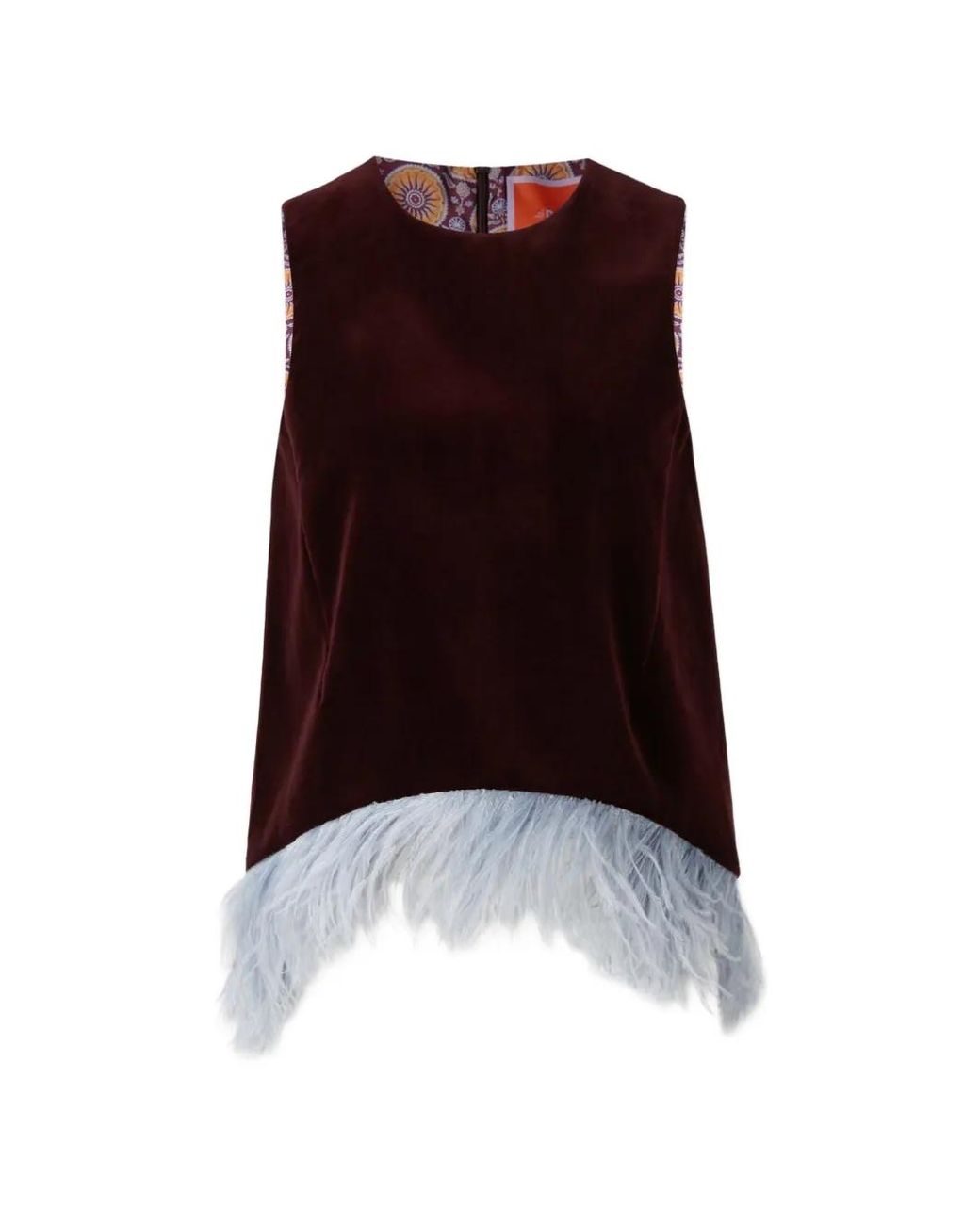 LaDoubleJ Red La Scala Feather-Trim Velvet Top