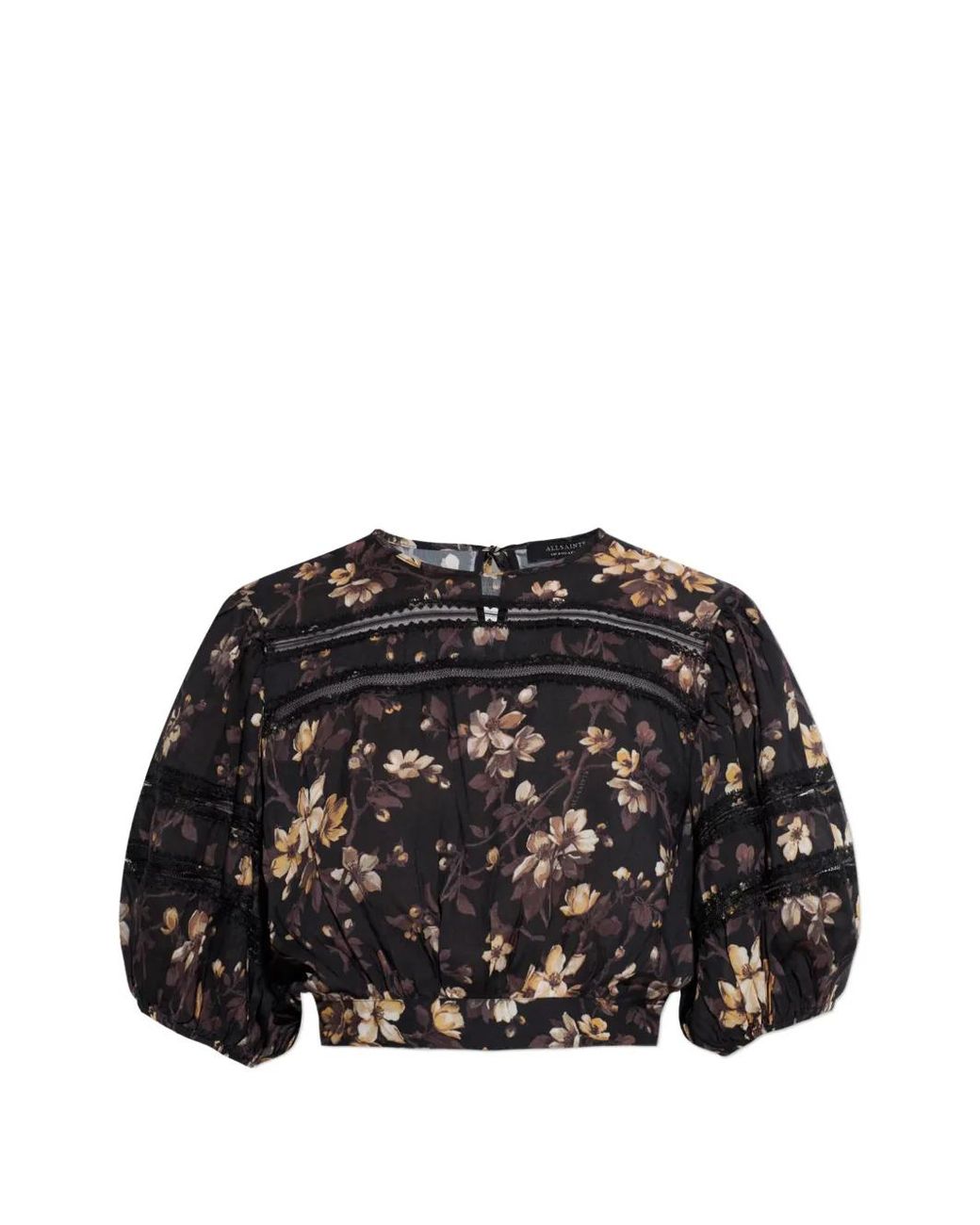 AllSaints Black Peony Floral-Print Lace-Trim Top