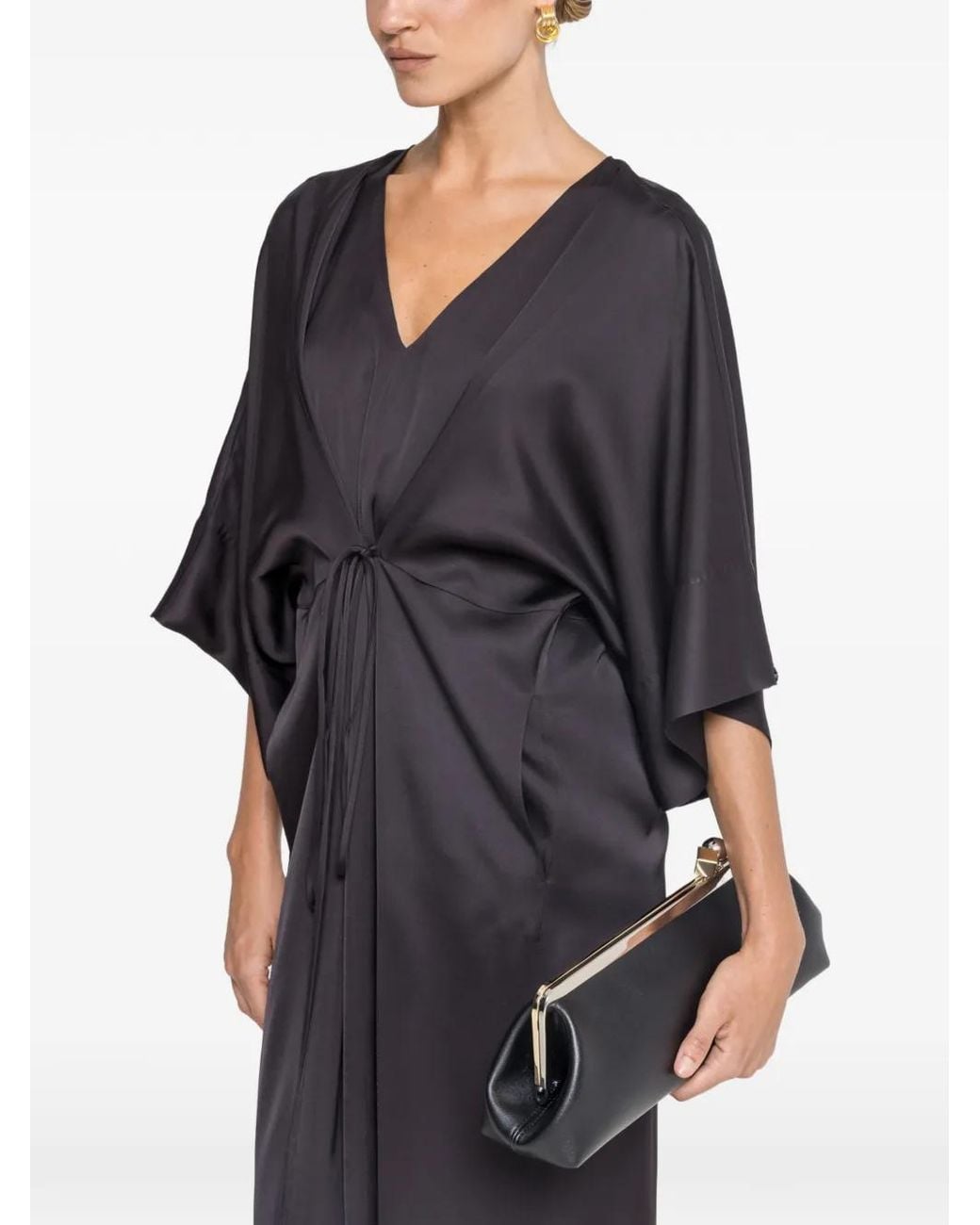 Nissa Black Drawstring Viscose Midi Dress