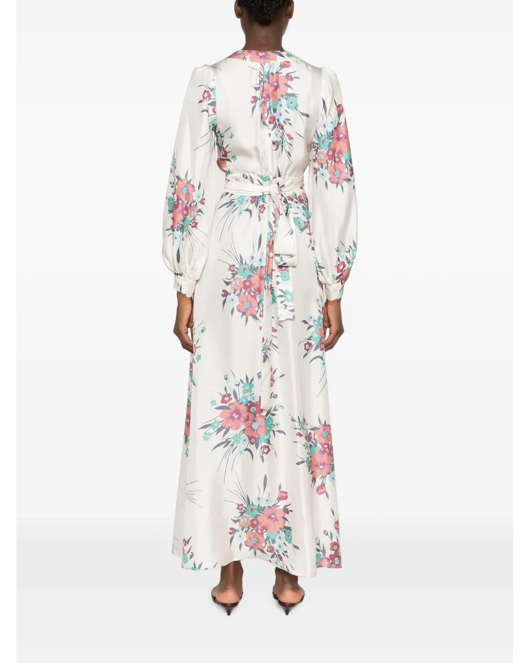 Raquel Diniz White Robe Longue À Fleurs Imprimées En Satin De Soie Aurora