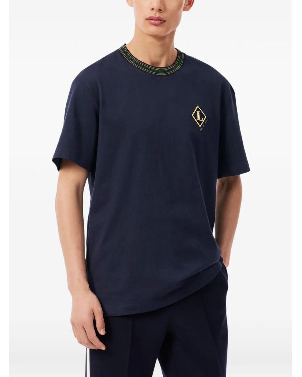 Lacoste Blue Logo-Embroidered Contrast-Trim T-Shirt for men