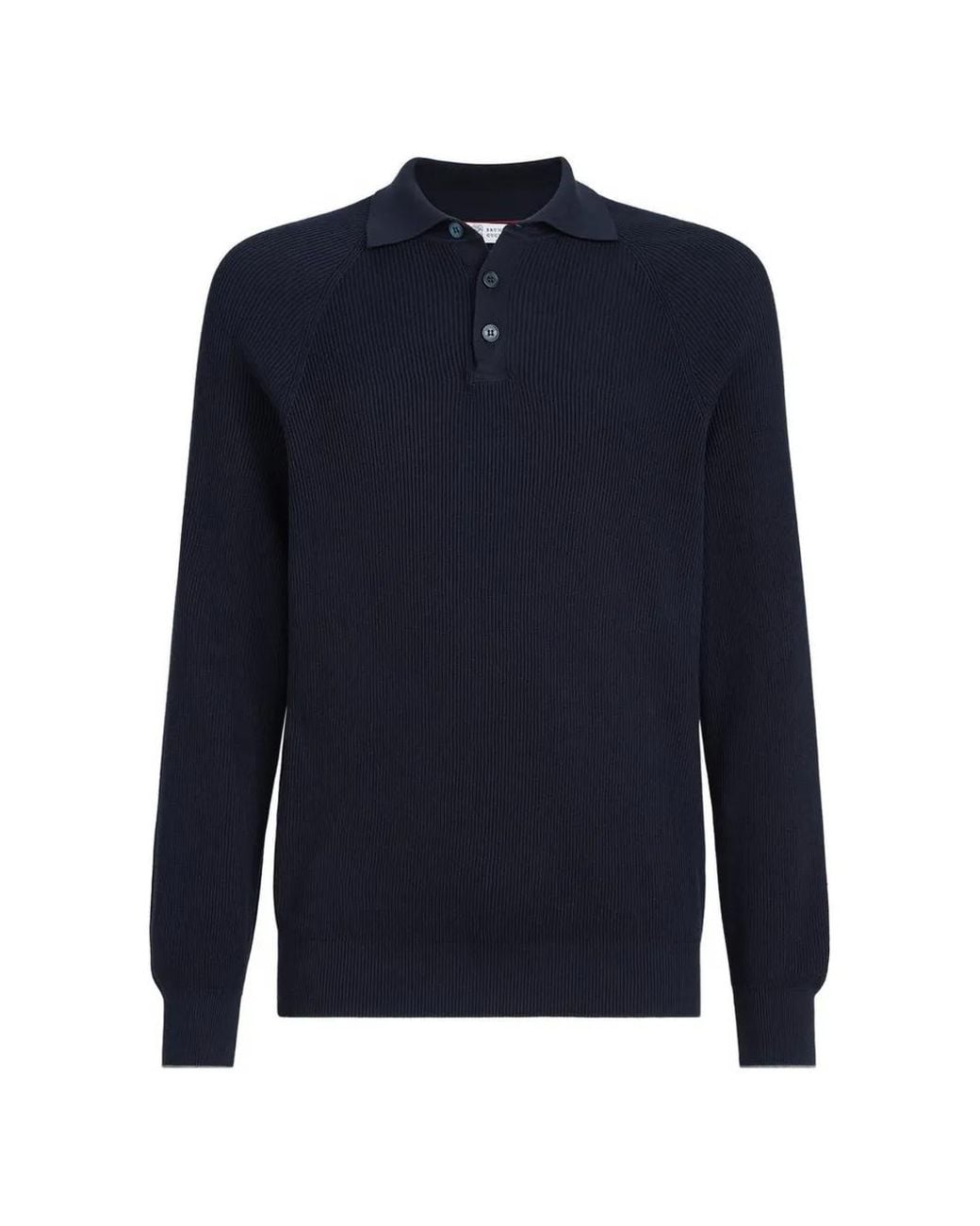 Brunello Cucinelli Blue Cotton English Rib Knit Polo With Long Raglan Sleeves for men