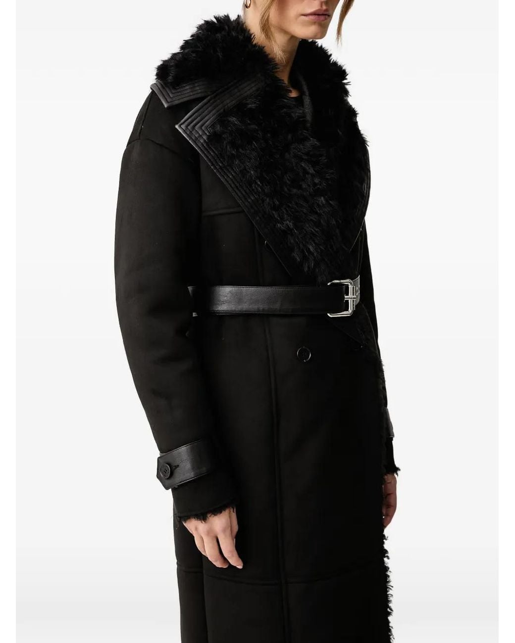 Patrizia Pepe Black Belted Shearling-Collar Coat