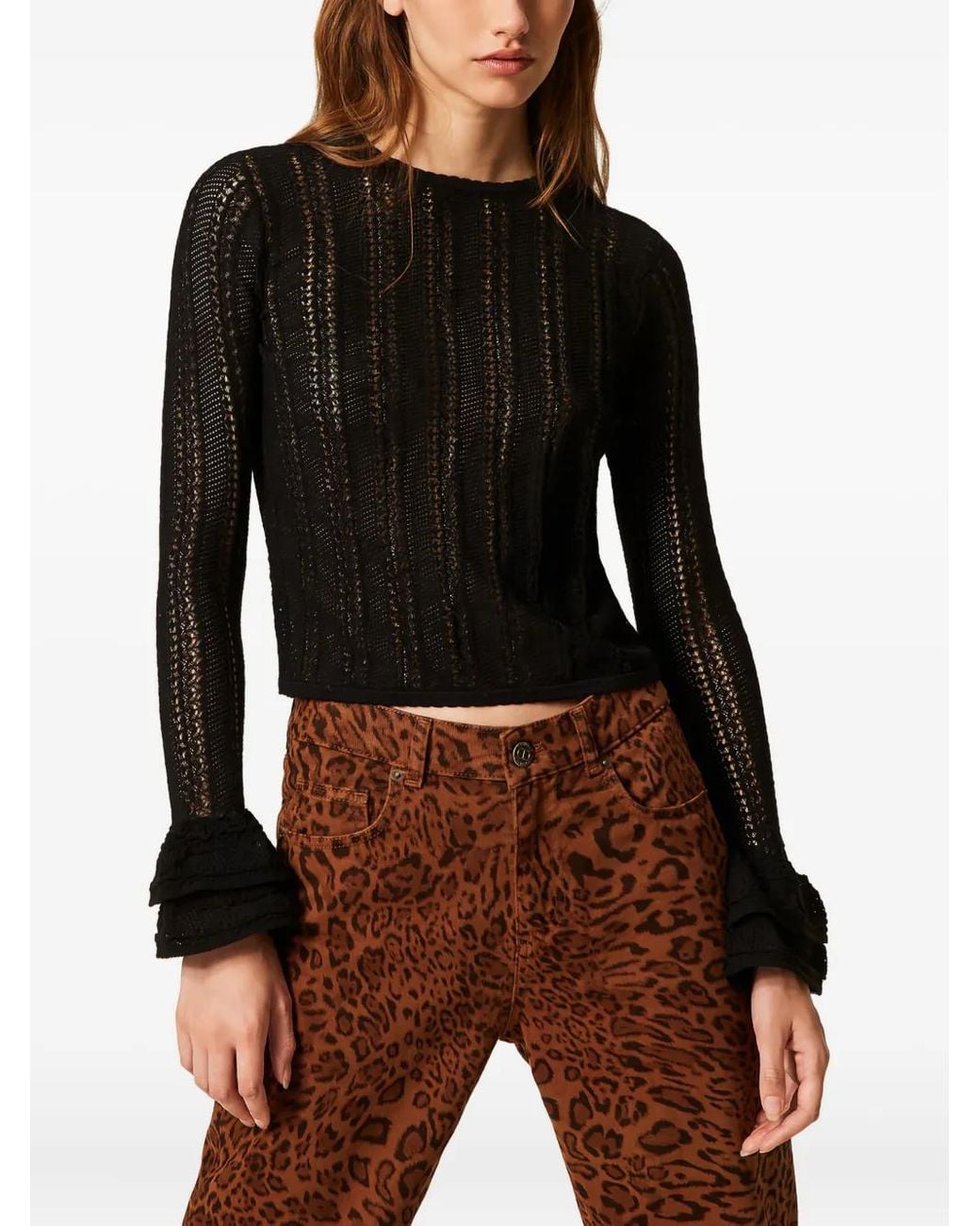Twinset Black Open-Knit Flounce-Sleeve Sweater