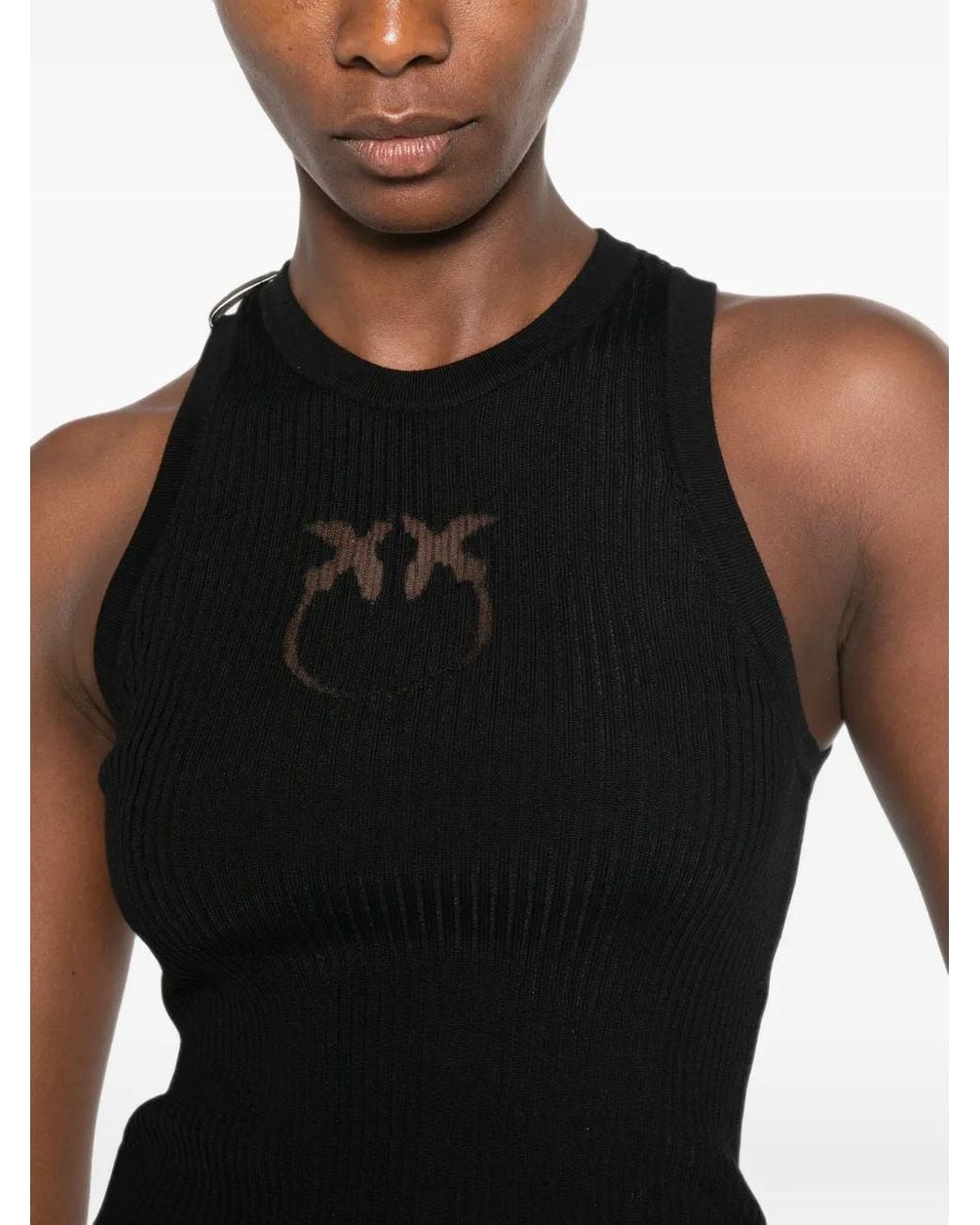 Pinko Black Ribbed Top With Sheer Love Birds Logo