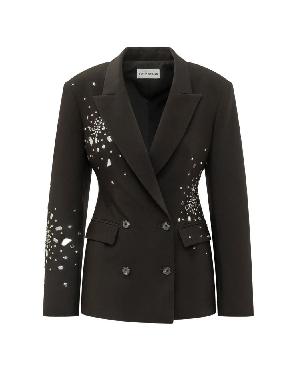 Des Phemmes Black Crystal-Embellished Double-Breasted Blazer