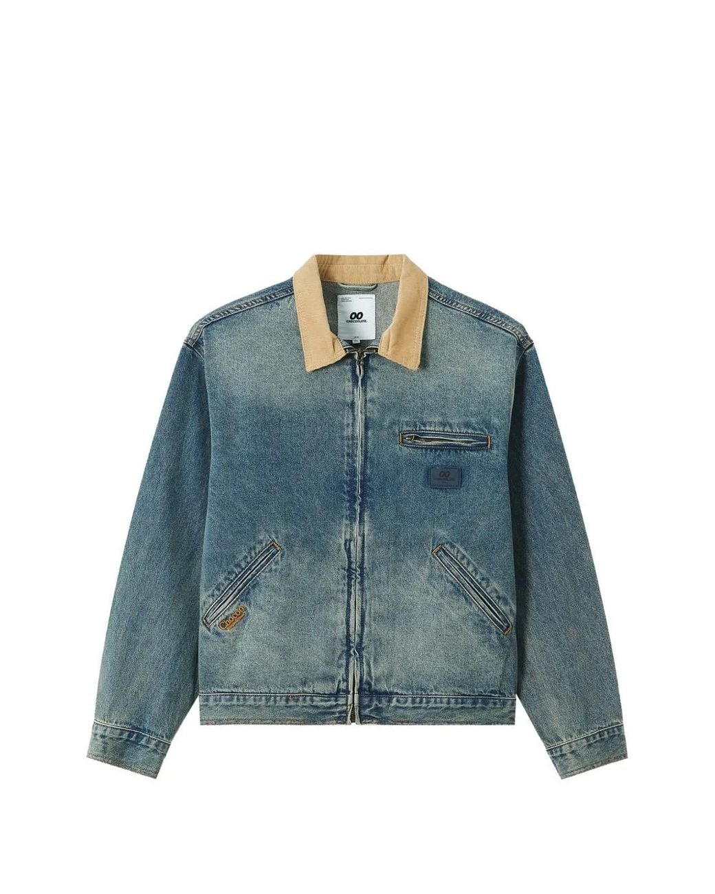 Chocoolate Blue Corduroy-Collar Zip-Up Denim Jacket for men