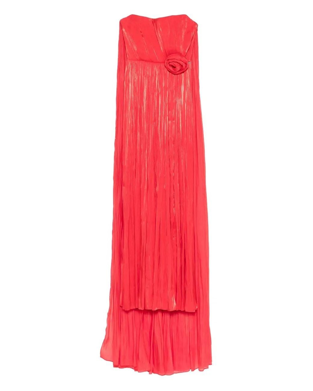 Nissa Red Pleated Rose-Embellished Asymmetric Evening Dress