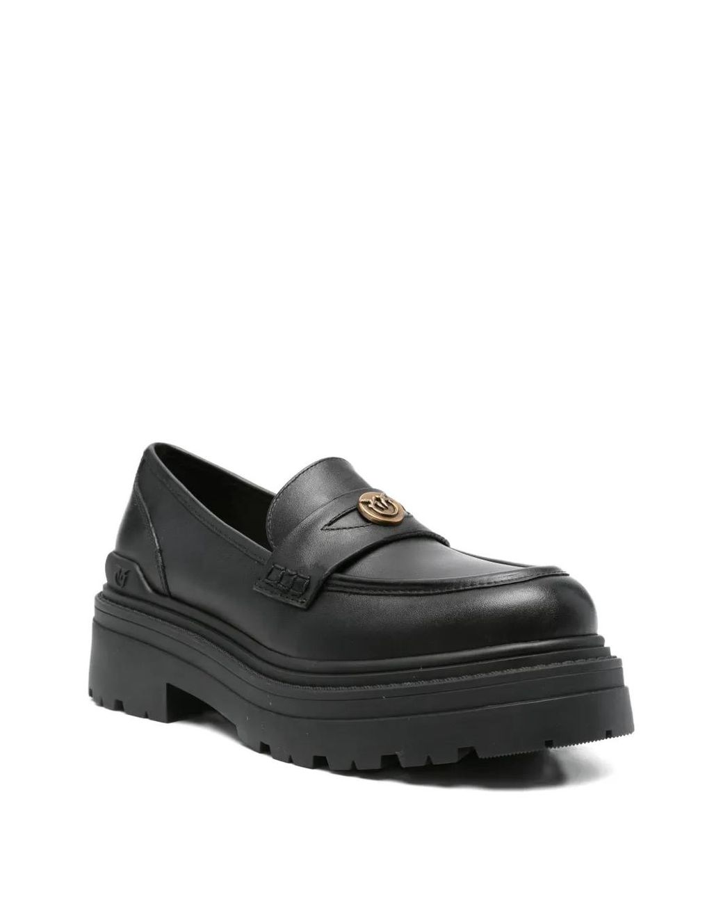 Pinko Black Mia 24 Rounded Toe Lug Sole Leather Loafers