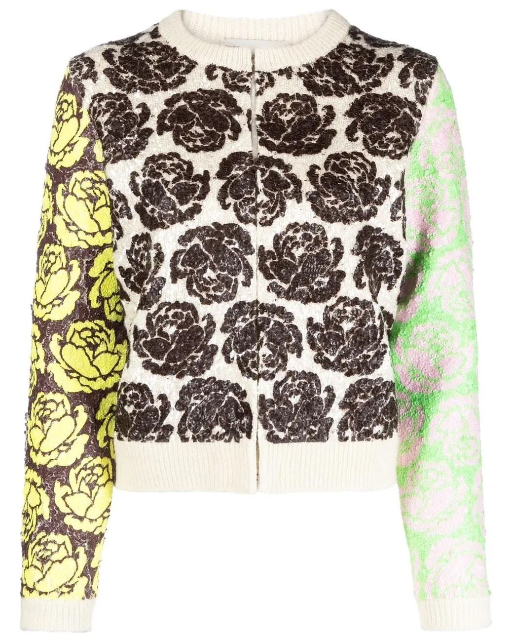 Tory Burch Natural Floral-Motif Zip-Up Cardigan