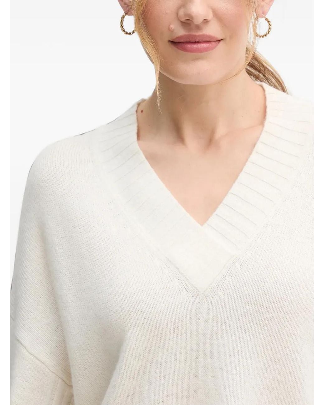 Benetton White V-Neck Textured Knitwear