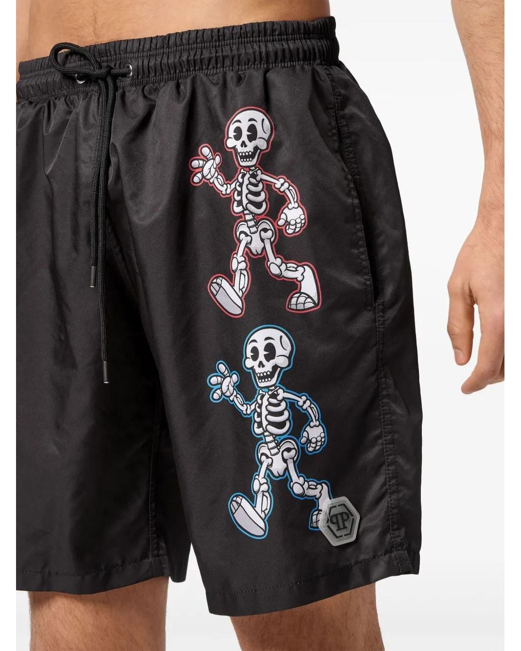 Philipp Plein Black Skeleton-Print Swim Shorts for men