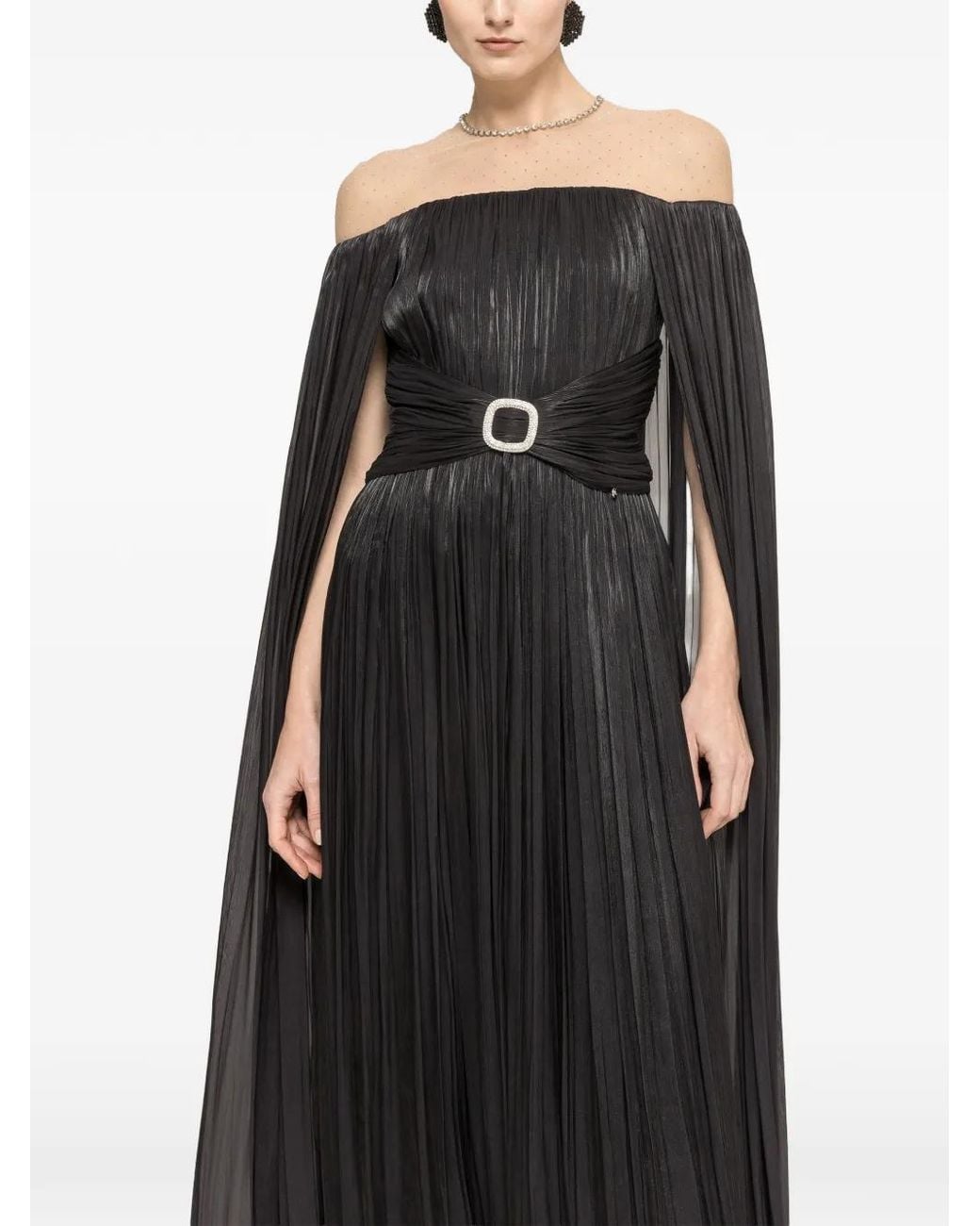 Nissa Black Cape-Design Chiffon Maxi Dress