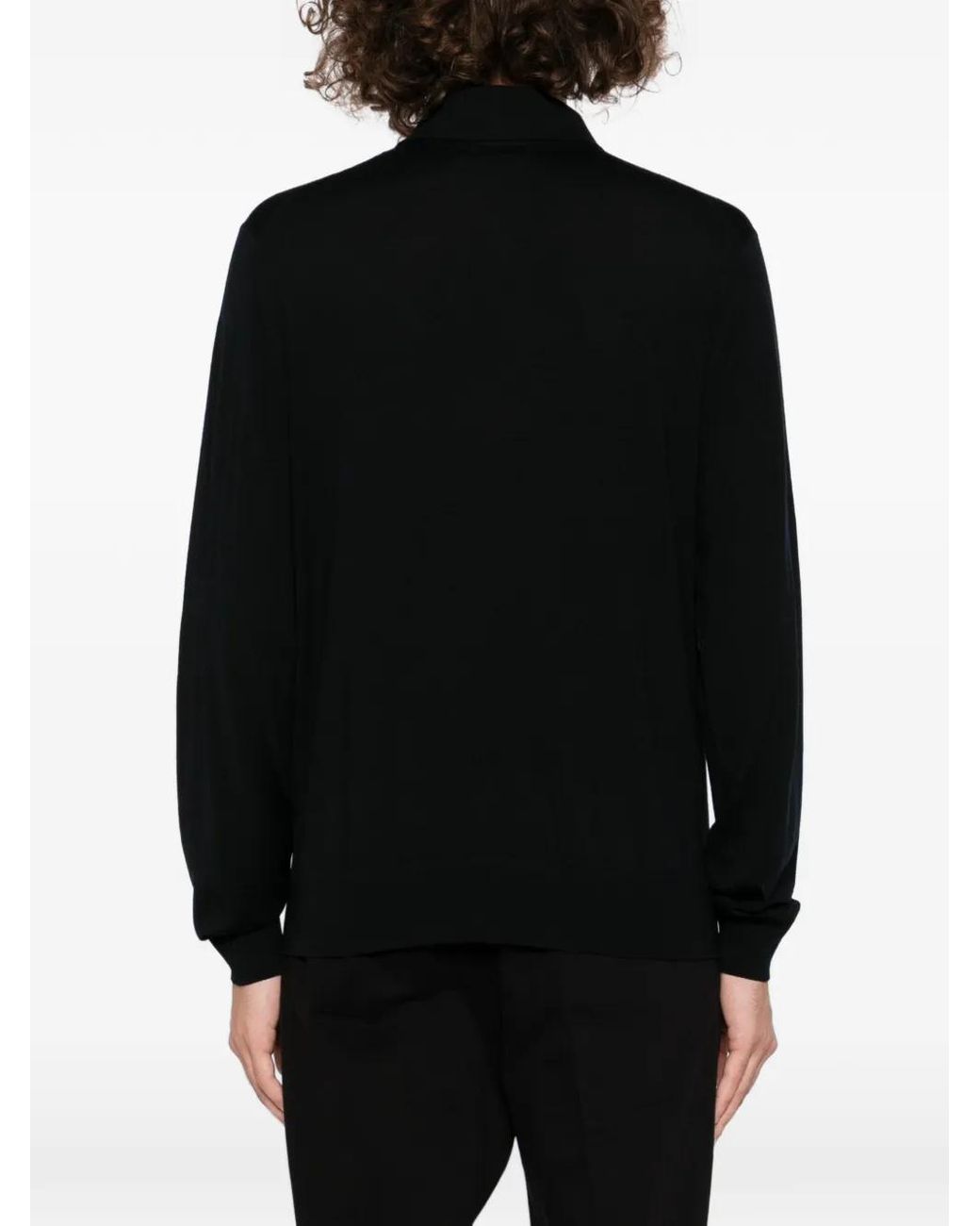 Tom Ford Black Wool Knit Long-Sleeved Polo Shirt With Ribbed Trims for men