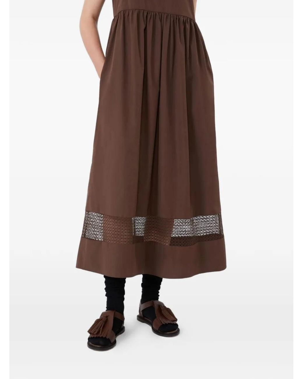 Weekend by Maxmara Brown Square-Neck Lace-Panel Midi Cotton Dress