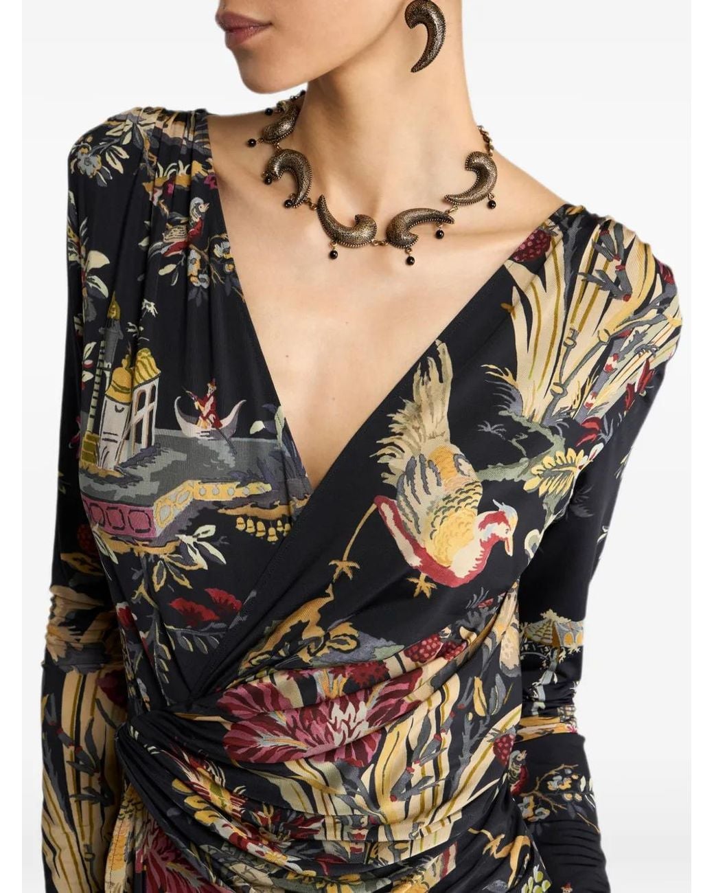 Etro Black Long Jersey Wrap Dress With Flower And Animal Motif