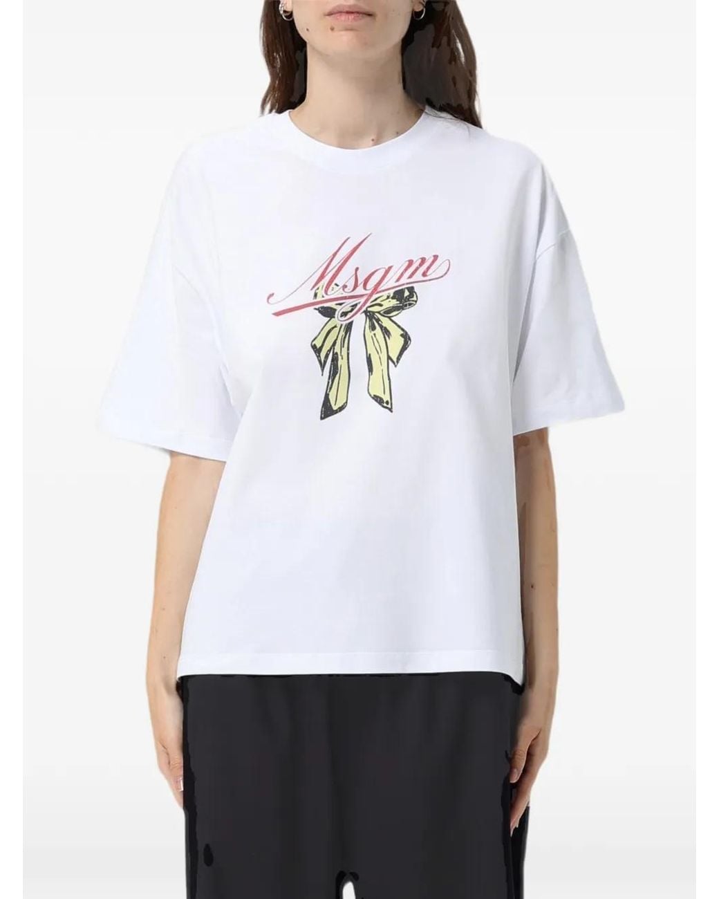 MSGM White Logo-Print Bow-Detail T-Shirt