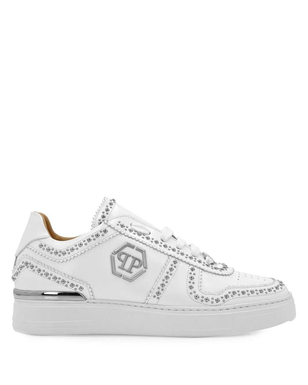 Philipp Plein White Brushed Leather Low-Top Sneakers With Embroidered Monogram for men