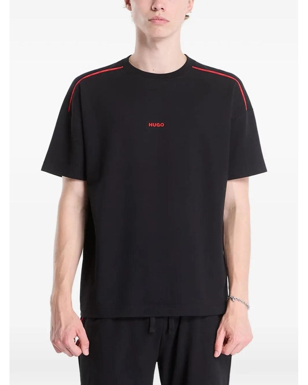 HUGO Black Noah Logo-Print Tape-Detail T-Shirt for men