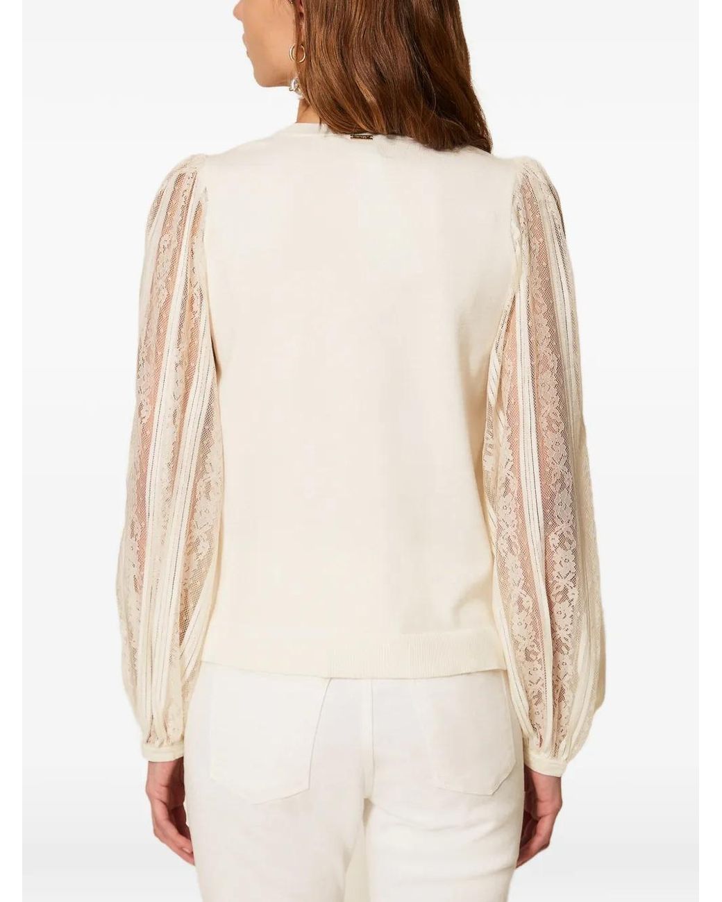 Twinset White Jumper With Lace Sleeves