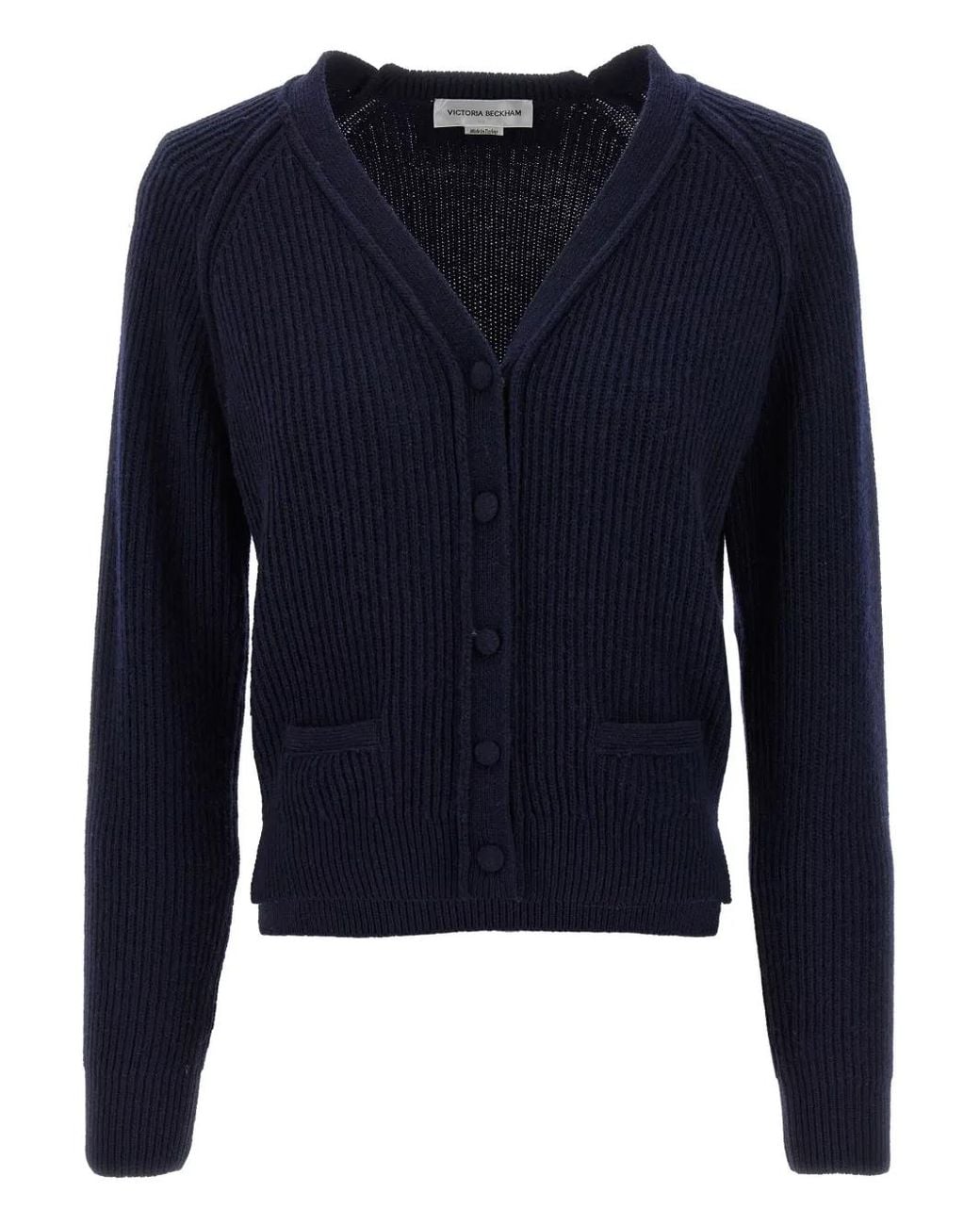 Victoria Beckham Blue Stepped-Hem Ribbed Cardigan